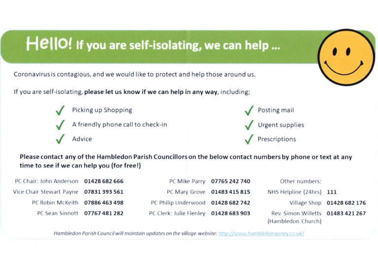 Help for those SelfIsolating Hambledon Village  Site